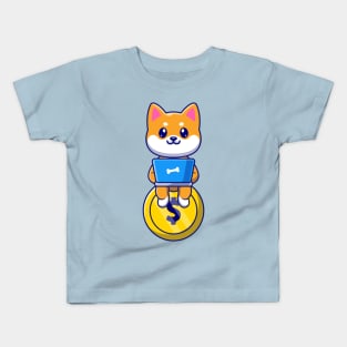 Cute Shiba Inu Dog Sitting On Gold Coin And Operating  Laptop Cartoon Kids T-Shirt